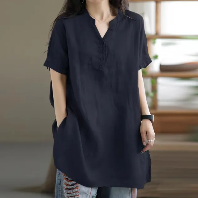 Loose Plump Girls Button Fashion V neck Short Sleeve Solid Color T shirt Dark Blue - Shop at LoveMi
