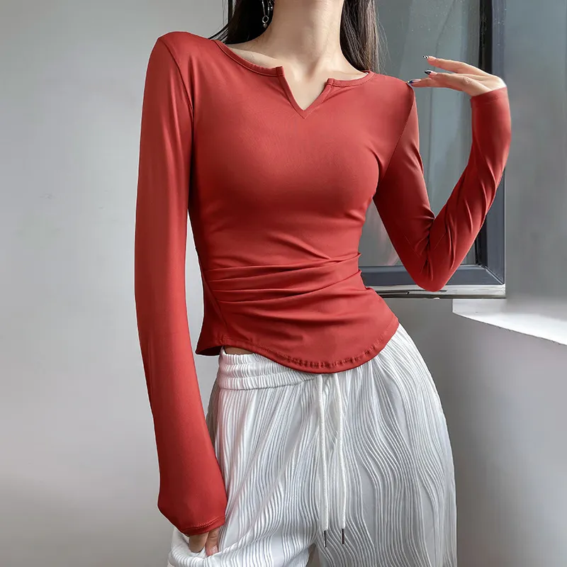 Yoga Clothes Solid Color Simple V-neck Tight-fitting Cinched Workout Top - Red