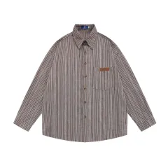 Retro Fine Plaid Striped Long Sleeve Shirt Loose Casual Japanese Workwear Tops - Khaki - View 1