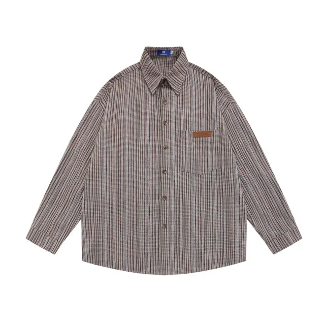 Retro Fine Plaid Striped Long Sleeve Shirt Loose Casual Japanese Workwear Tops Khaki - Shop at LoveMi