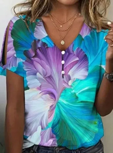 Women's Printed Comfort And Casual V-neck Buttons Short Sleeve - Emerald Green