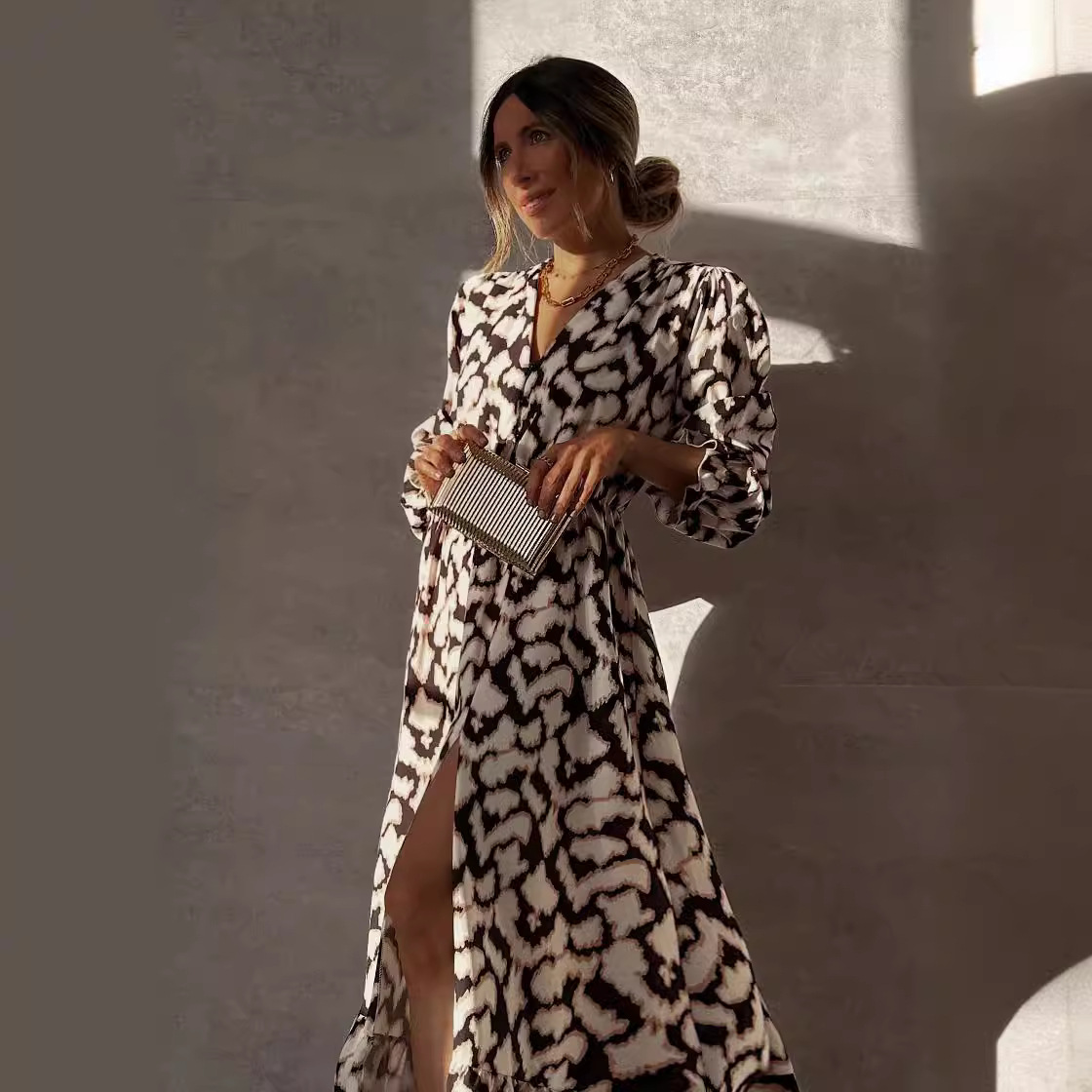 Printed V-neck Split Ruffled Long Sleeve Dress