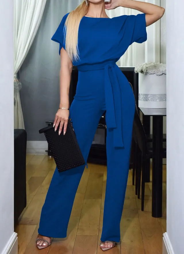 Summer Fashion Lace up Button Short sleeved Women's Jumpsuit Blue - Shop at LoveMi