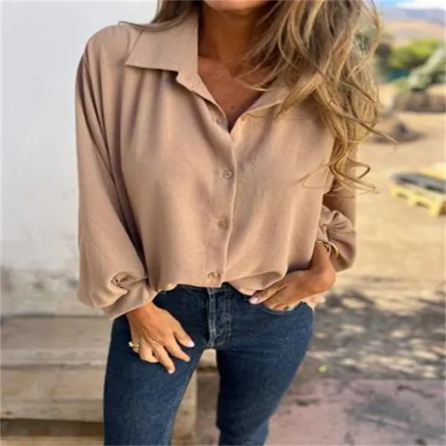 Women's Long sleeved Lapel Button Shirt Top Khaki - Shop at LoveMi
