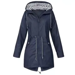 Womens Waterproof Raincoat Casual Basic Outdoors Drawstring Trench Lightweight Drawstring Jackets Hiking Clothes For Women - Navy Blue - View 1