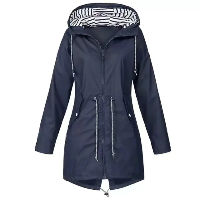 Womens Waterproof Raincoat Casual Basic Outdoors Drawstring Trench Lightweight Drawstring Jackets Hiking Clothes For Women Navy Blue - Shop at LoveMi