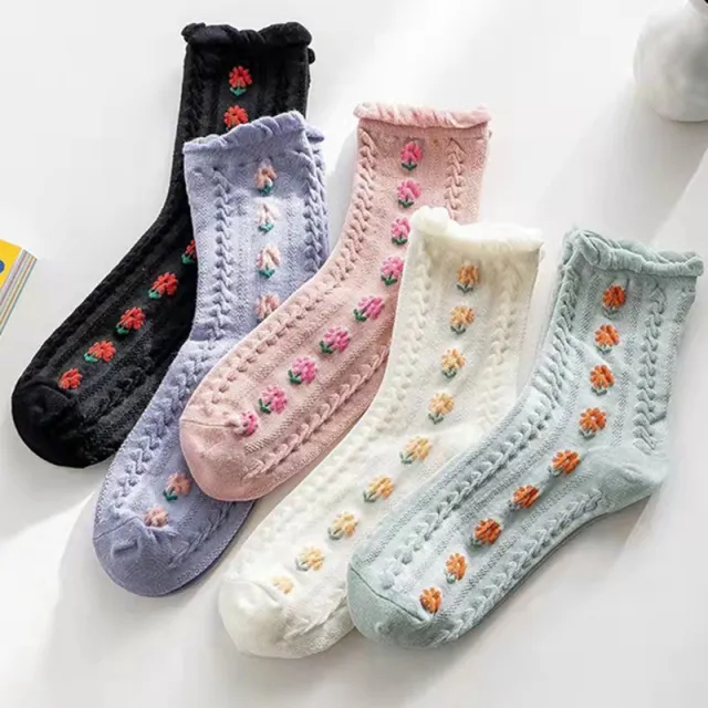 Women's Socks Autumn And Winter Jk Tube Socks Wooden Ear Japanese Cute Flowers Sweet Girl Lolita Purified Cotton Stockings Mixed All 5 Pairs - Shop at LoveMi