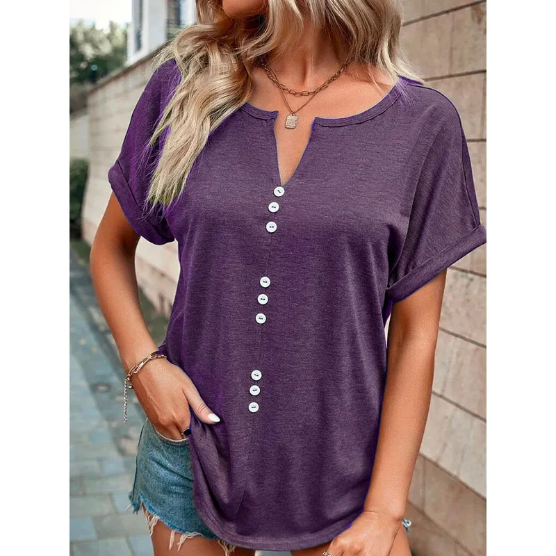 Women's Clothes Hot-selling V-neck Buttons Short Sleeve Top - Purple