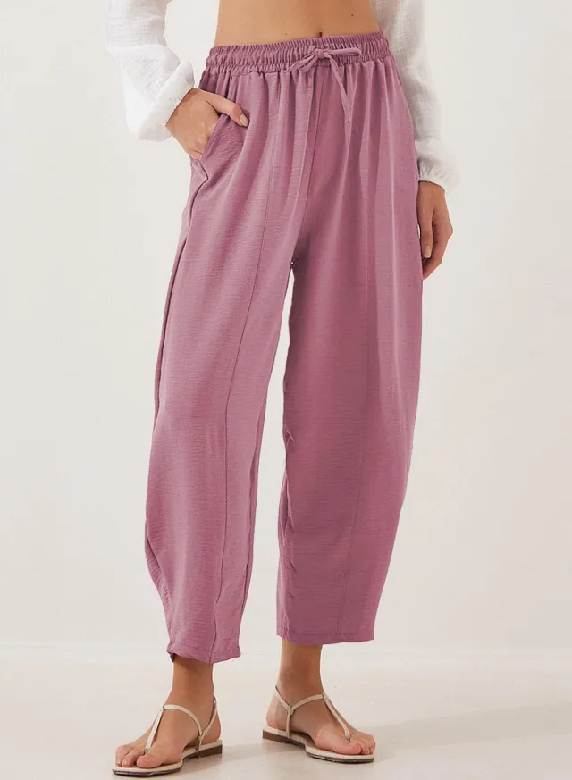 Pleated Mid waist Straight Loose Casual Cotton And Linen Cropped Pants Pink Purple - Shop at LoveMi