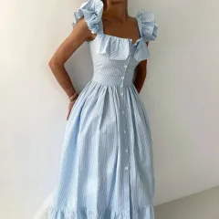 Striped Ruffles A- Line Waist Fitted Dress - Gb2844 Blue - View 1