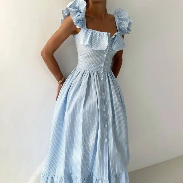 Striped Ruffles A Line Waist Fitted Dress Gb2844 Blue - Shop at LoveMi