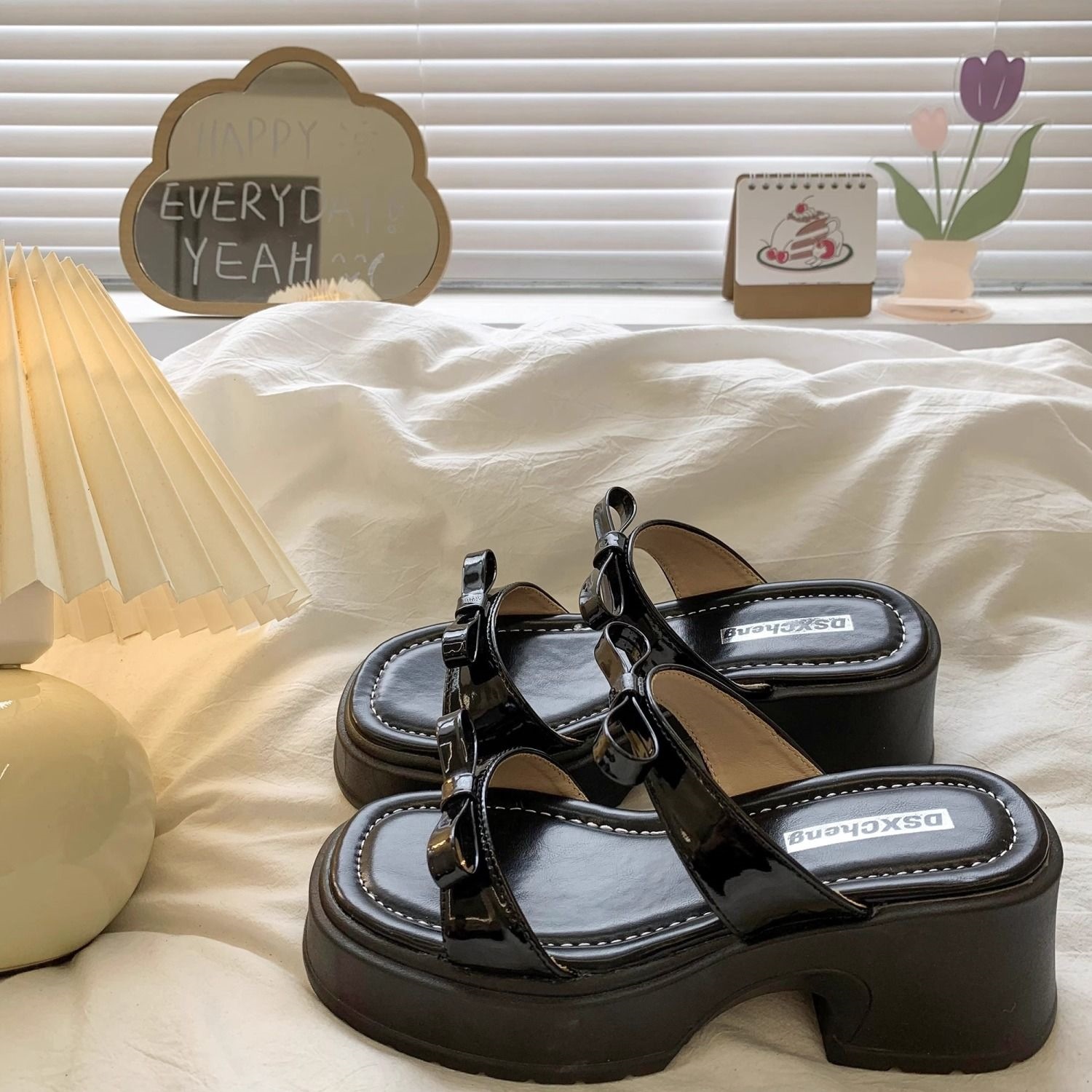 French-style Bow-tie Elevated Thick-soled Slippers For Women