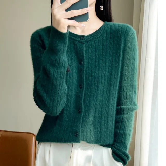 Women's Round Neck Wool Cardigan Twisted Wool Sweater Dark Green - Shop at LoveMi