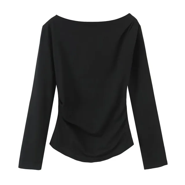 Spring New Simple And Versatile Long sleeve Asymmetrical Elastic Top For Women With Pleats Black - Shop at LoveMi