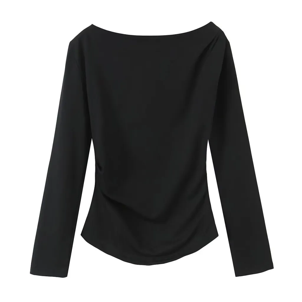 Spring New Simple And Versatile Long-sleeve Asymmetrical Elastic Top For Women With Pleats - Black