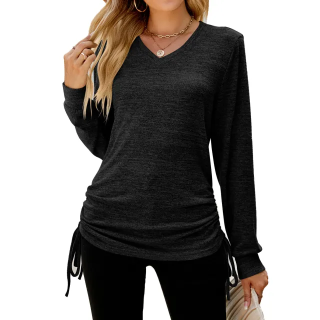 Women's Top Solid Color V neck Hem Lace up Long sleeved Women's T shirt Black - Shop at LoveMi