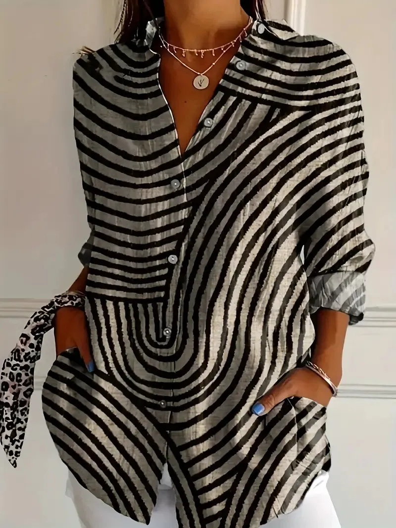 Women's Color Matching Casual Loose Button Digital Printing Shirt - Style01