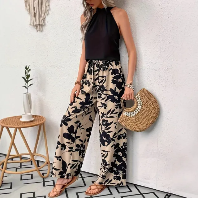 Comfortable Printed Pants Elastic Waist Wide Leg Pants Womens Casual Trousers Khaki - Shop at LoveMi