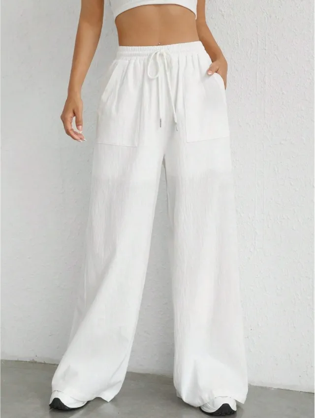 Women's Casual Solid Color Drawstring Straight Pocket Casual Pants White - Shop at LoveMi