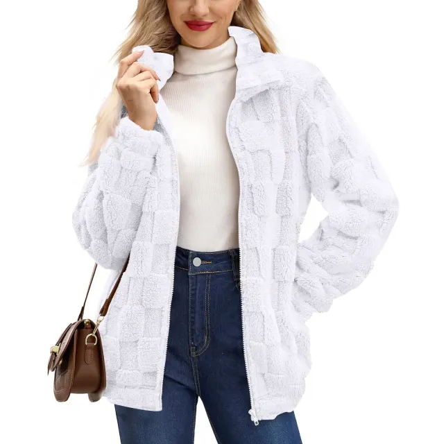 Women's Zipped Stand Collar Loose Jacquard Square Plaid Plush Coat White - Shop at LoveMi