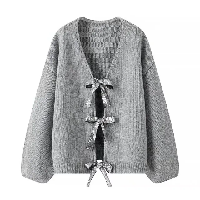 Women's Sequined Bowknot Decoration Loose Knitted Sweater Gray - Shop at LoveMi