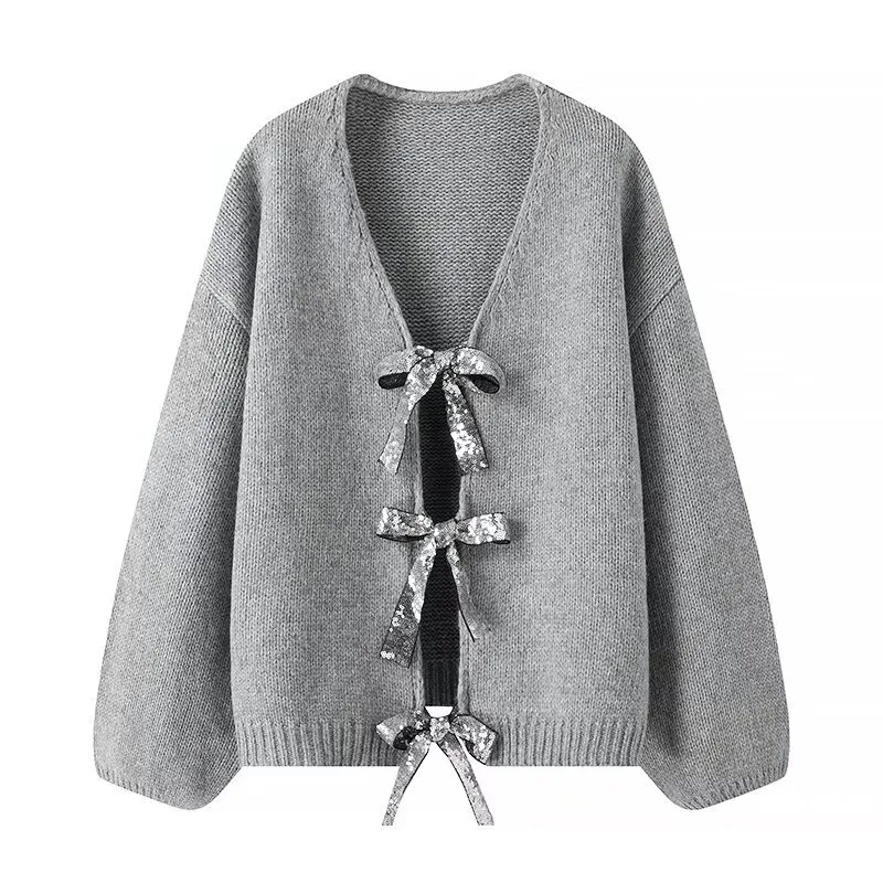 Women's Sequined Bowknot Decoration Loose Knitted Sweater - Gray