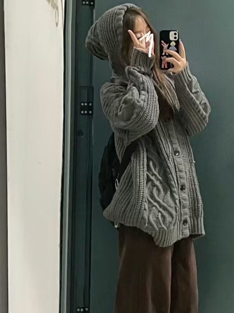 Gray Hooded Sweater Coat Women