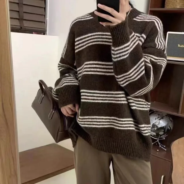 Outer Wear Inner Wear Idle Style Round Neck Long Sleeve Top Stripes Brown - Shop at LoveMi