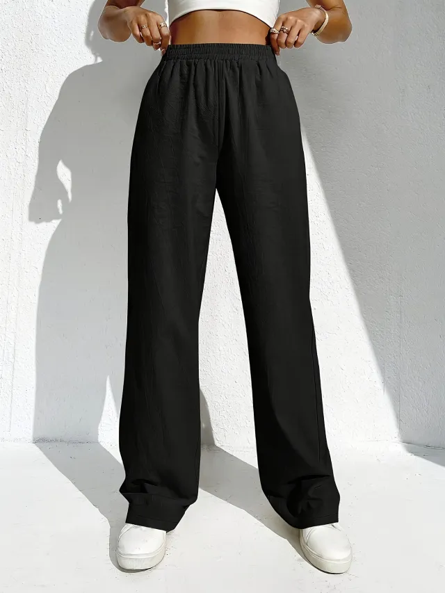 Women's Casual Draping Mid waist Trousers Multi pocket Wide leg Pants Black - Shop at LoveMi