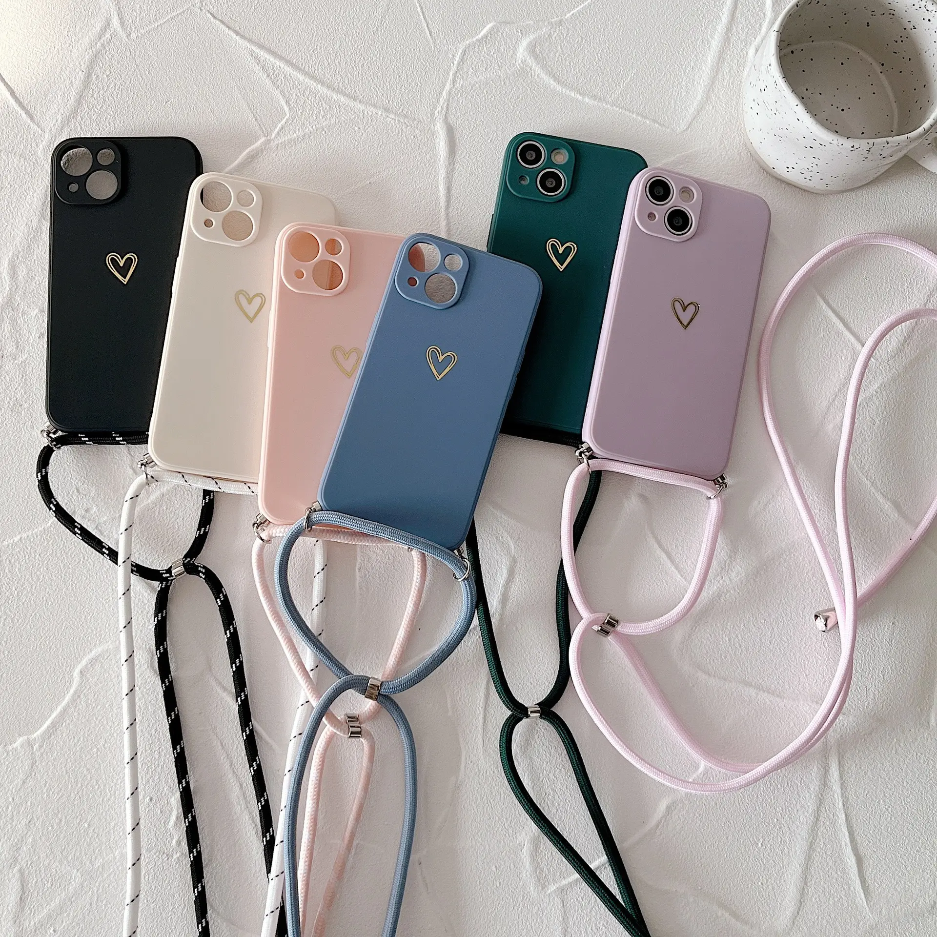Gold-stamped Little Heart Lanyard Phone Case