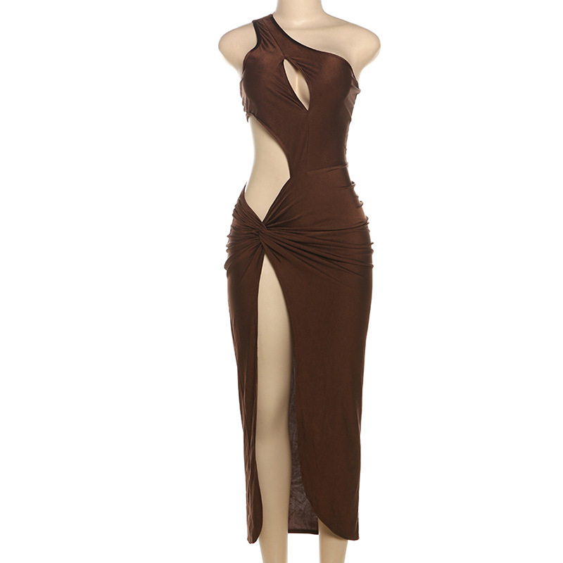 One-shoulder Midriff Outfit Design Side Slit Pleated Tight Dress