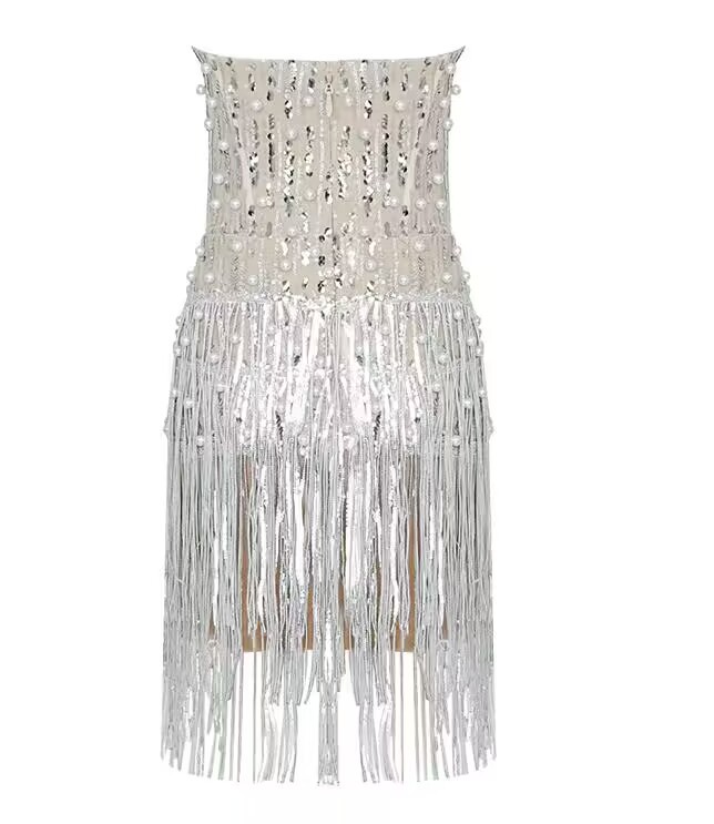 Beaded Silver Paillette Tassel Tube Top Dress