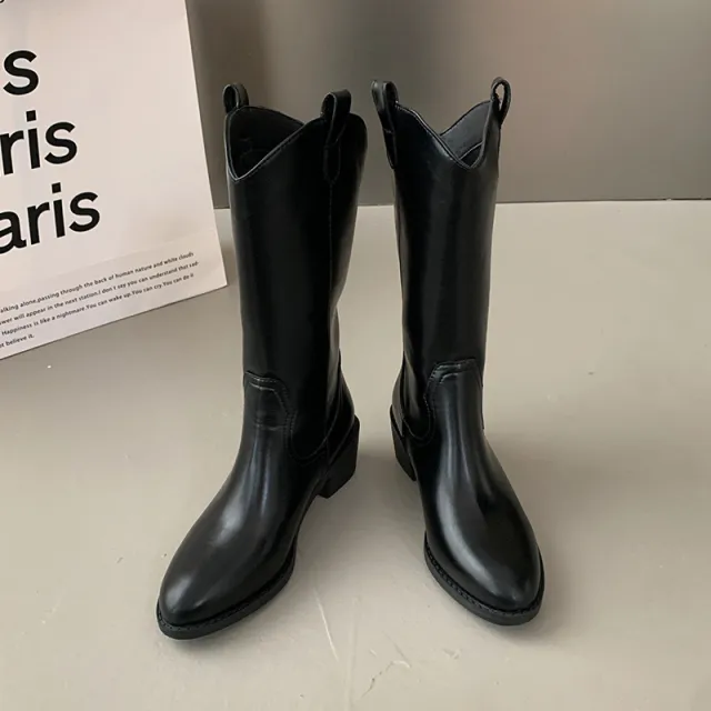 Korean Style Chunky Heel Internet Celebrity Fashion Boots Knee high Boots Black - Shop at LoveMi