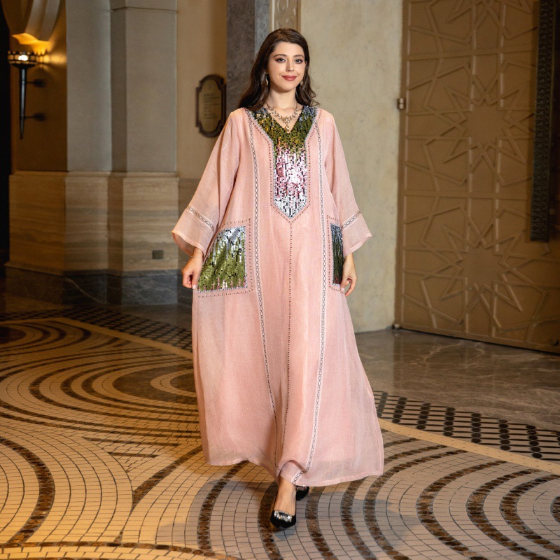 Sequin Embroidered V-Neck Long Dress