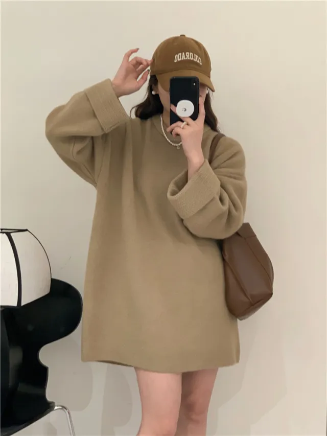 Medium Length Loose Thick Pullover Soft Glutinous Bottoming Sweater Khaki - Shop at LoveMi