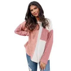Women's Fashion Colour Contrast Round Neck Pullover - Pink - View 1