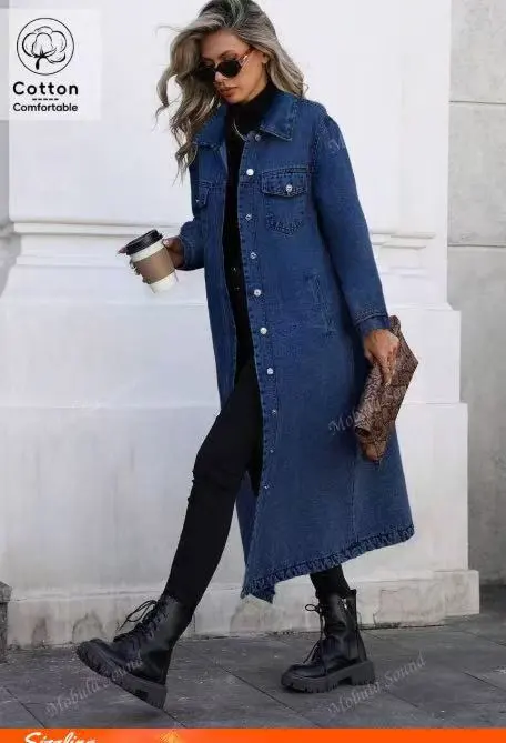 Ripped Mid length Denim Jacket Wash Long Sleeve Dark Blue - Shop at LoveMi