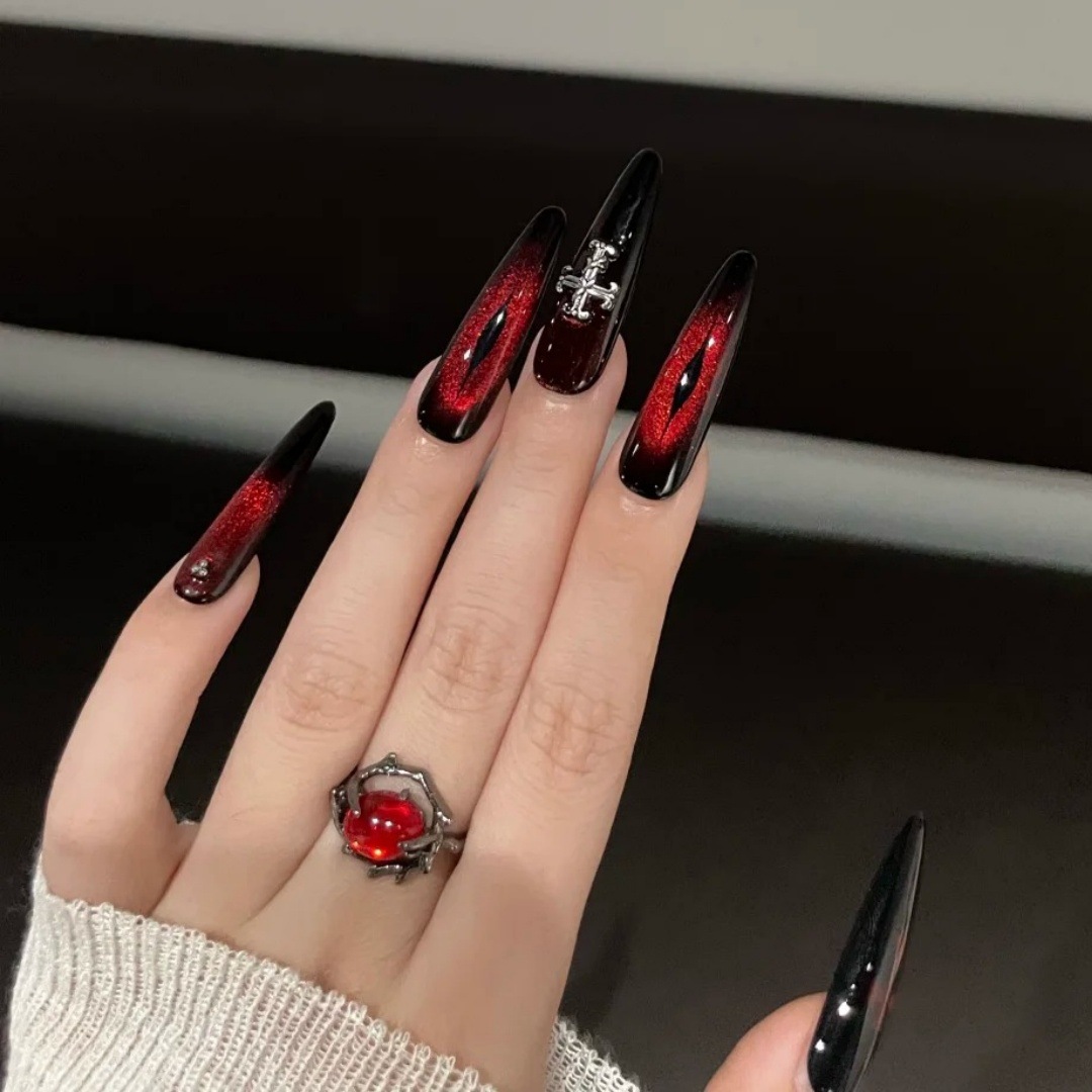 Handcrafted Wearable Nails In A Luxe, Dark Red Cat-eye Finish With A High-end, Edgy Vibe
