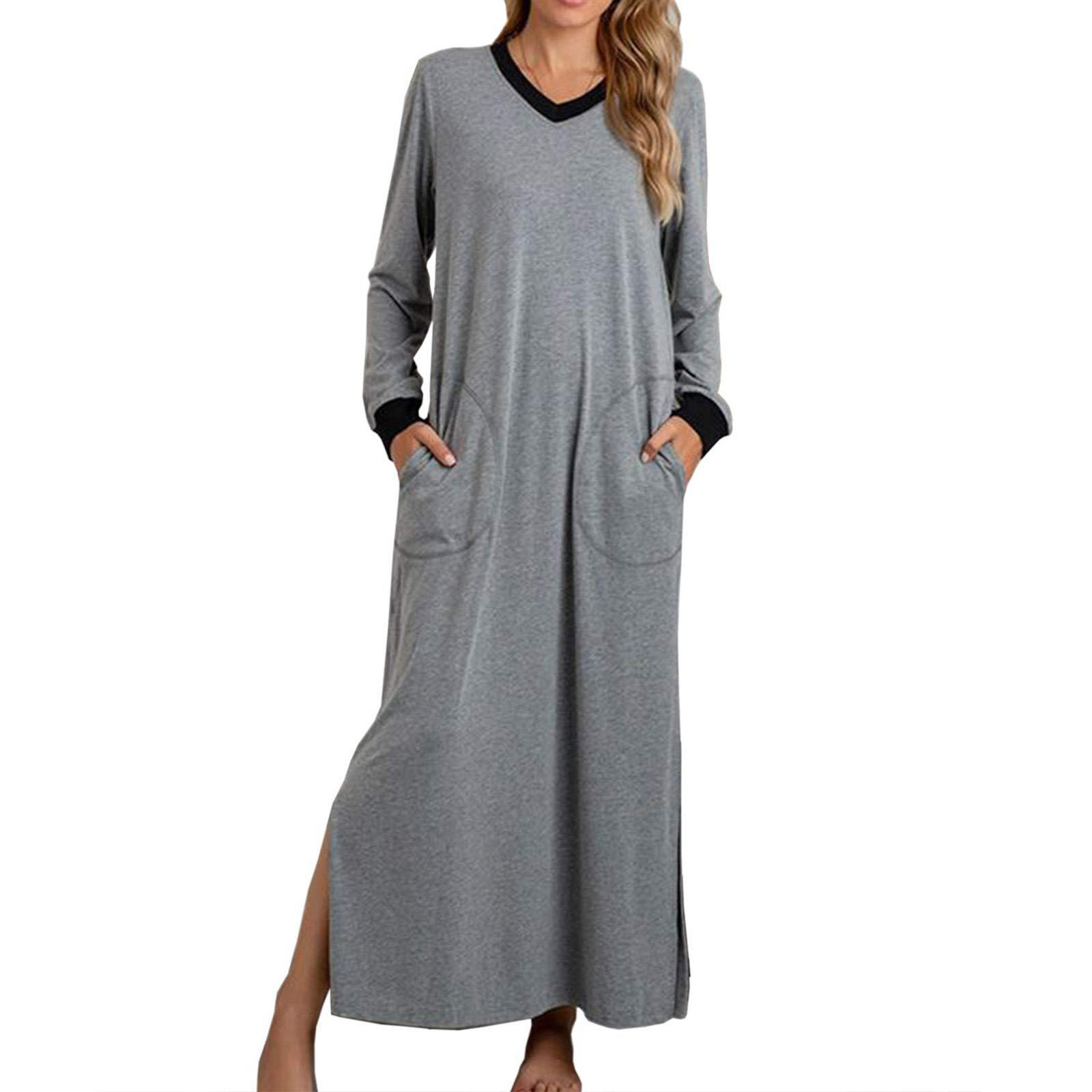 Women's V neck Long Dress Contrast Color Pocket Pullover Gray - Shop at LoveMi