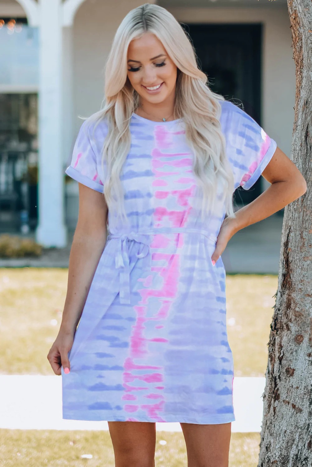 Tie Dye Drawstring T-shirt Parent-child Casual Women's Crewneck Dress