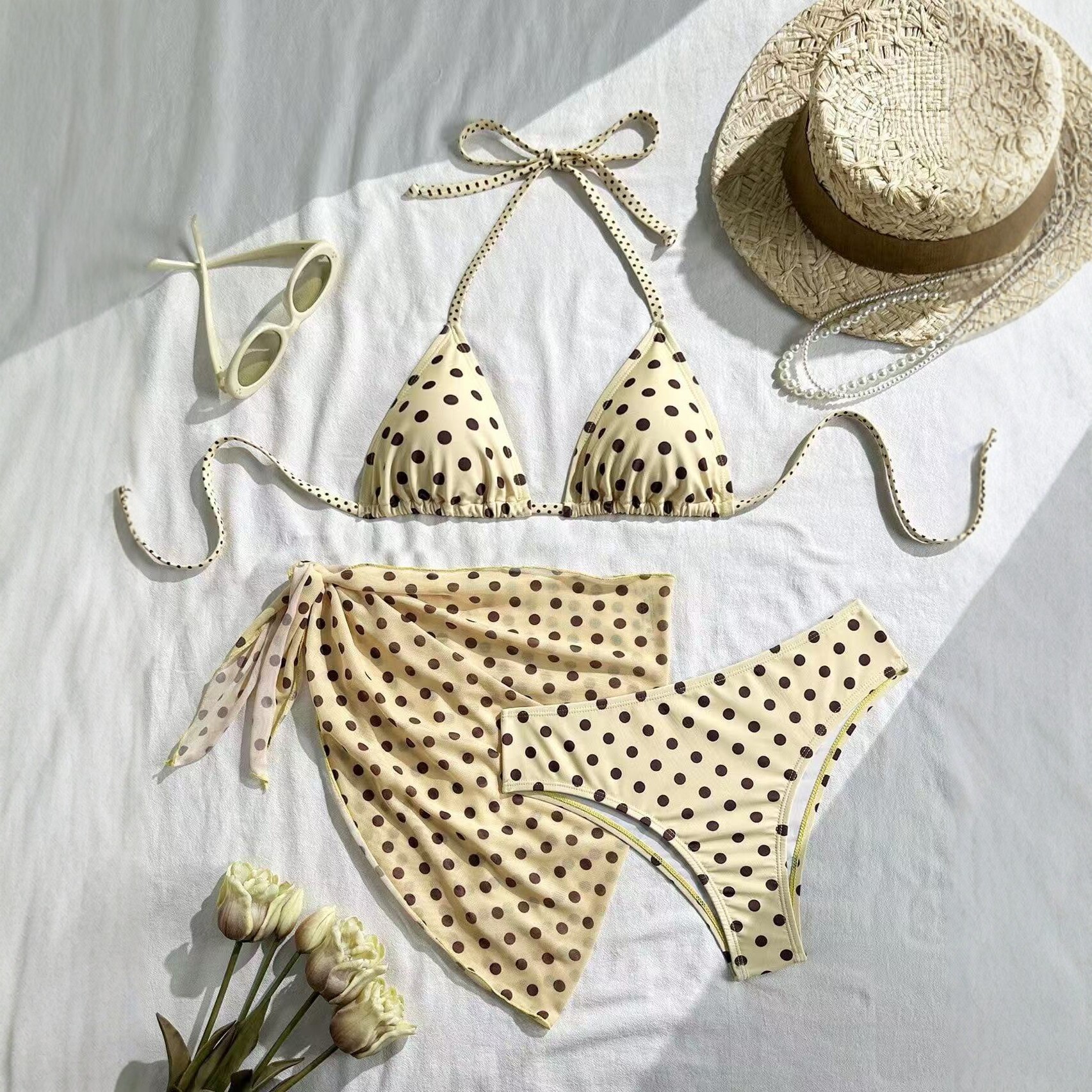 Polka-dot Halter Bikini Three-piece Set, Vintage Style 2