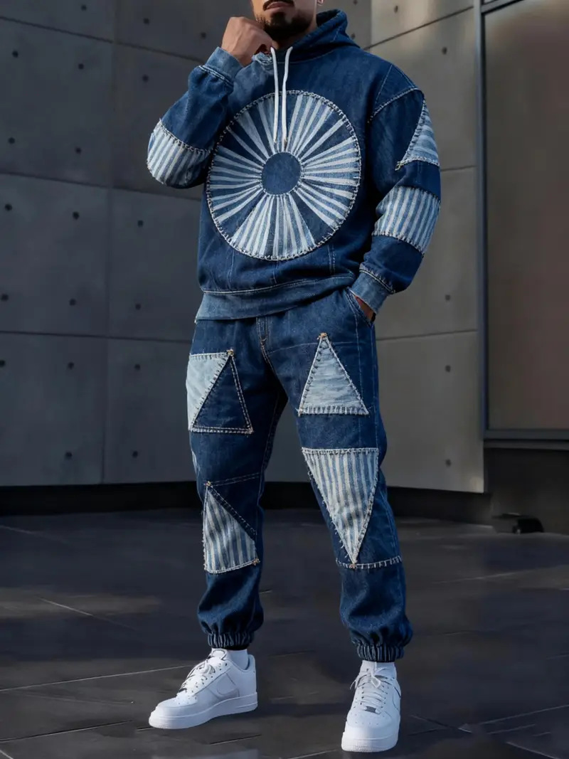 Mens Lettered Denim Hoodie With Fashionable 3D Print