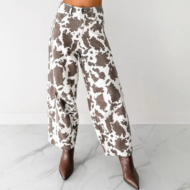 Washed Cow patterned Wide leg Jeans Cows Pattern S - Shop at LoveMi