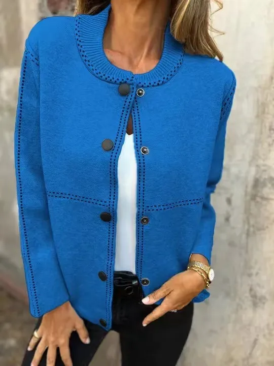 Ins Black striped Button Cardigan Fashion Sweater Loose Round Neck Long Sleeve Cropped Tops Women's Clothing Blue - Shop at LoveMi