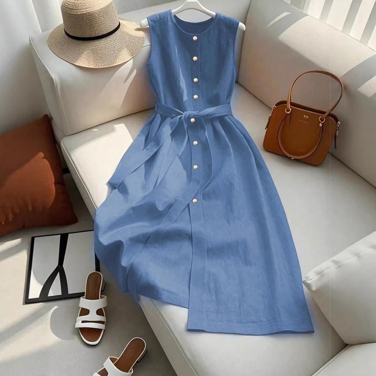 Lace-up Waist-defined Sleeveless Vest Dress
