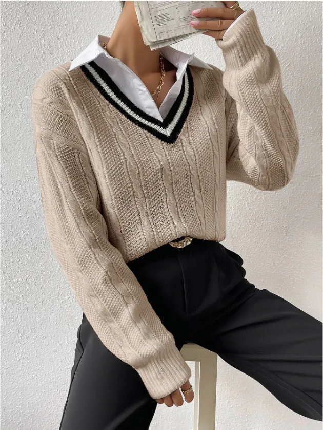 V neck Pullover Knitted Sweater Fashion Khaki - Shop at LoveMi