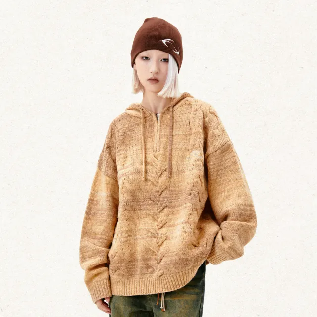 Retro Half Zipper Hooded Sweater Women Khaki - Shop at LoveMi