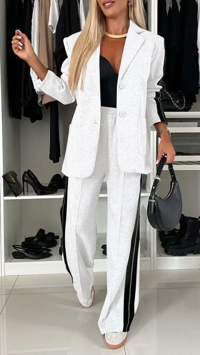 Women's Casual Suit Lapel Single breasted Jacket And Striped Straight Pants Fashion Sports Trousers Suit Outerwears Clothing White - Shop at LoveMi