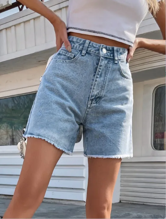 High Waist Loose Casual Women's Denim Shorts Blue - Shop at LoveMi