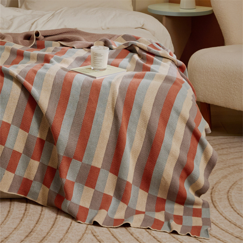 Pătură nouă cu model geometric și dungi tricotate din bumbac clasa A Four Seasons